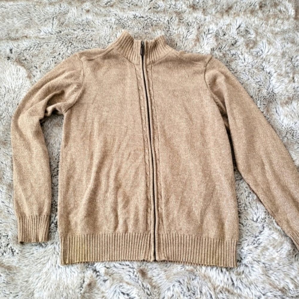 Oscar De La Renta Full Zip Closure Sherpa Lined Mock Neck Tan Sweater Size Large